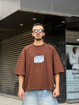 تیشرت باکسی طرحدار قهوه ای کد 11409