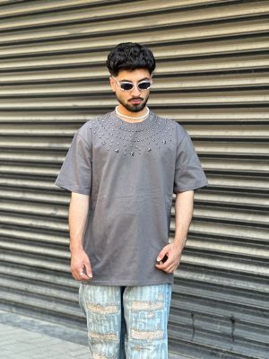 تیشرت طرحدار طوسی کد 495